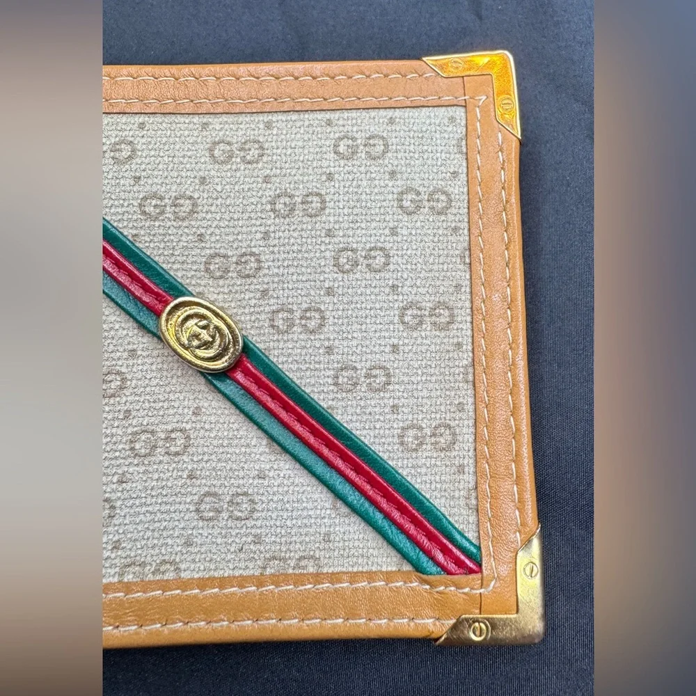 Gucci Rare Canvas and Tan Leather Bifold Wallet with Red-Green Web and Gold GG